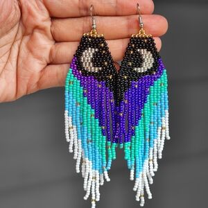 Handmade Midnight Moon Beaded Earrings Fringe Jewelry Dangle Boho Retro Y2K